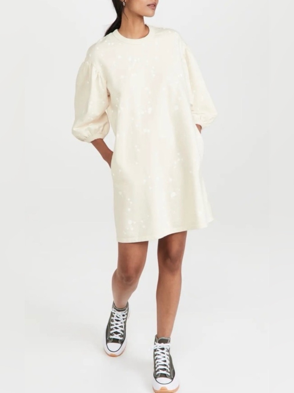 Clare V. Drop Shoulder Sweatshirt Dress Large Cream Paint Splatter Puff Sleeve